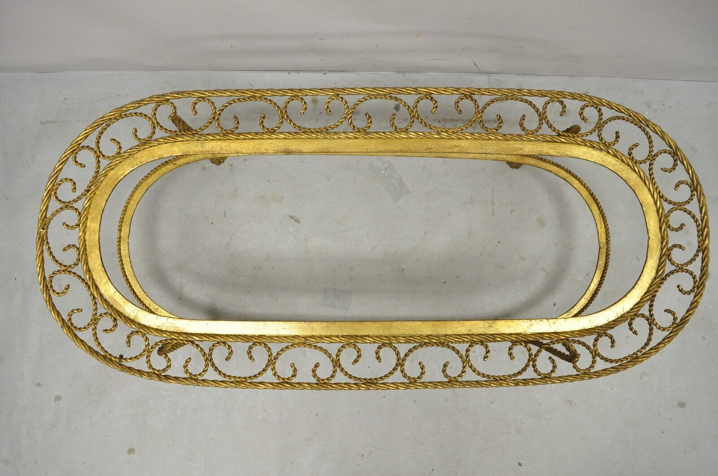 Italian Hollywood Regency Gold Gilt Iron Oval 2 Tier Rope Tassel Coffee Table