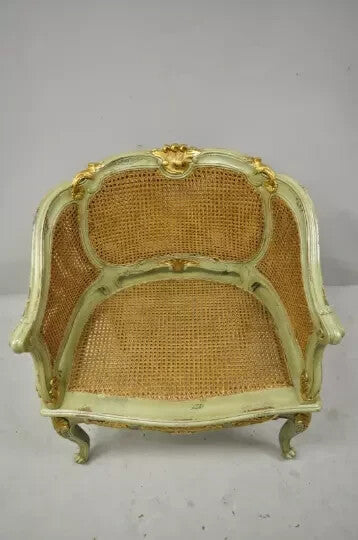Antique French Louis XV Style Green Distressed Gold Gilt Cane Bergere Arm Chair