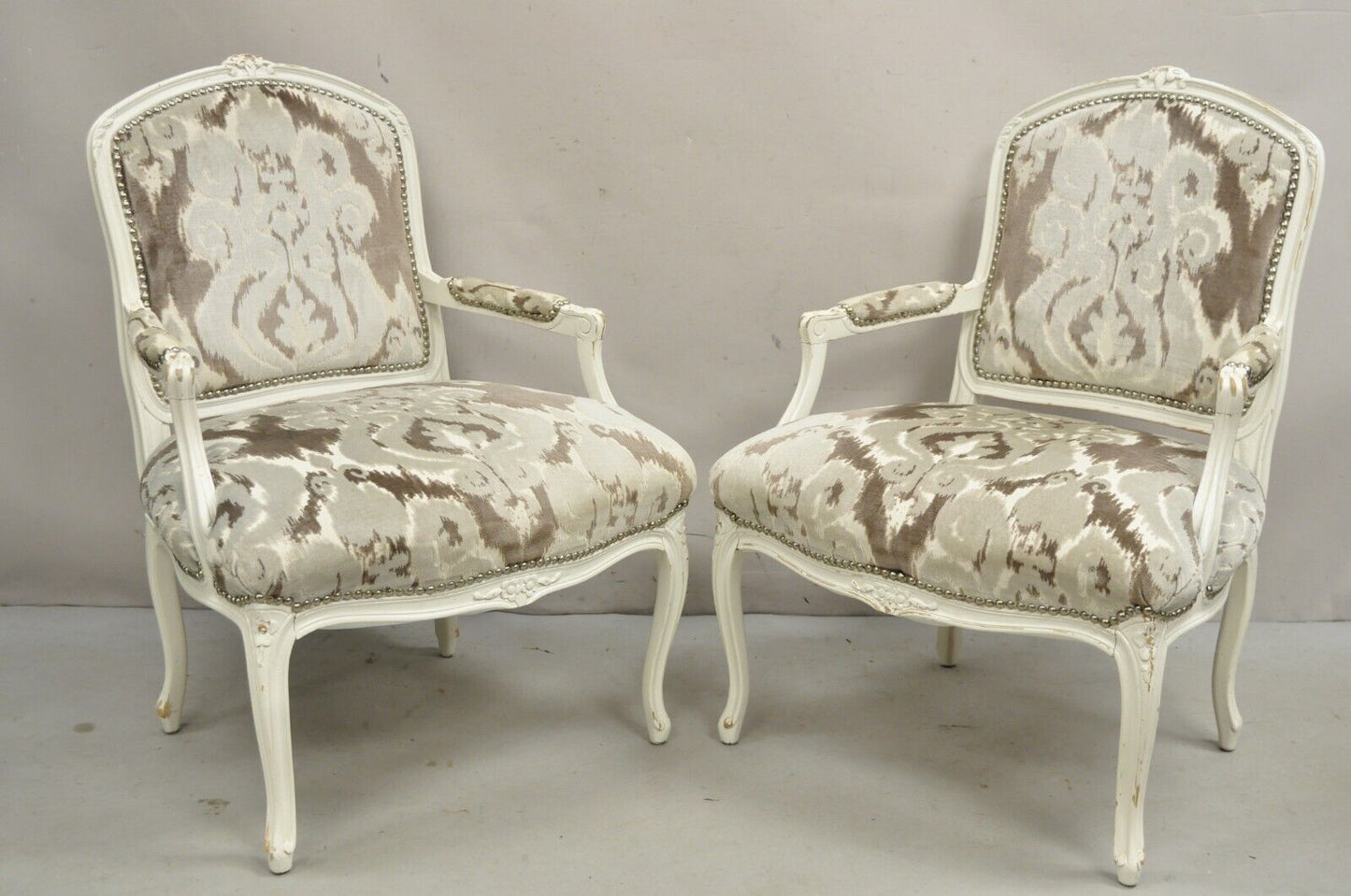 Vintage French Country Louis XV Style White Distress Painted Arm Chairs - a Pair