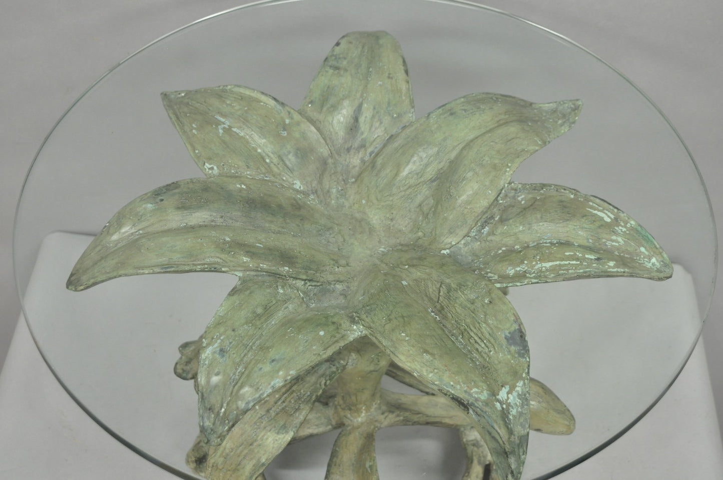 Vintage Arthur Court Green Verdigris Gilt Bronze & Glass Lily Flower Side Table