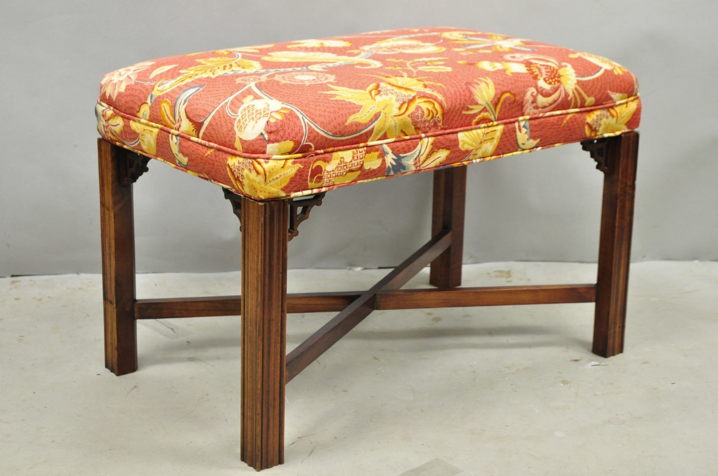 Vintage Chinese Chippendale Style Carved Mahogany Fretwork Bench Stool - Pair
