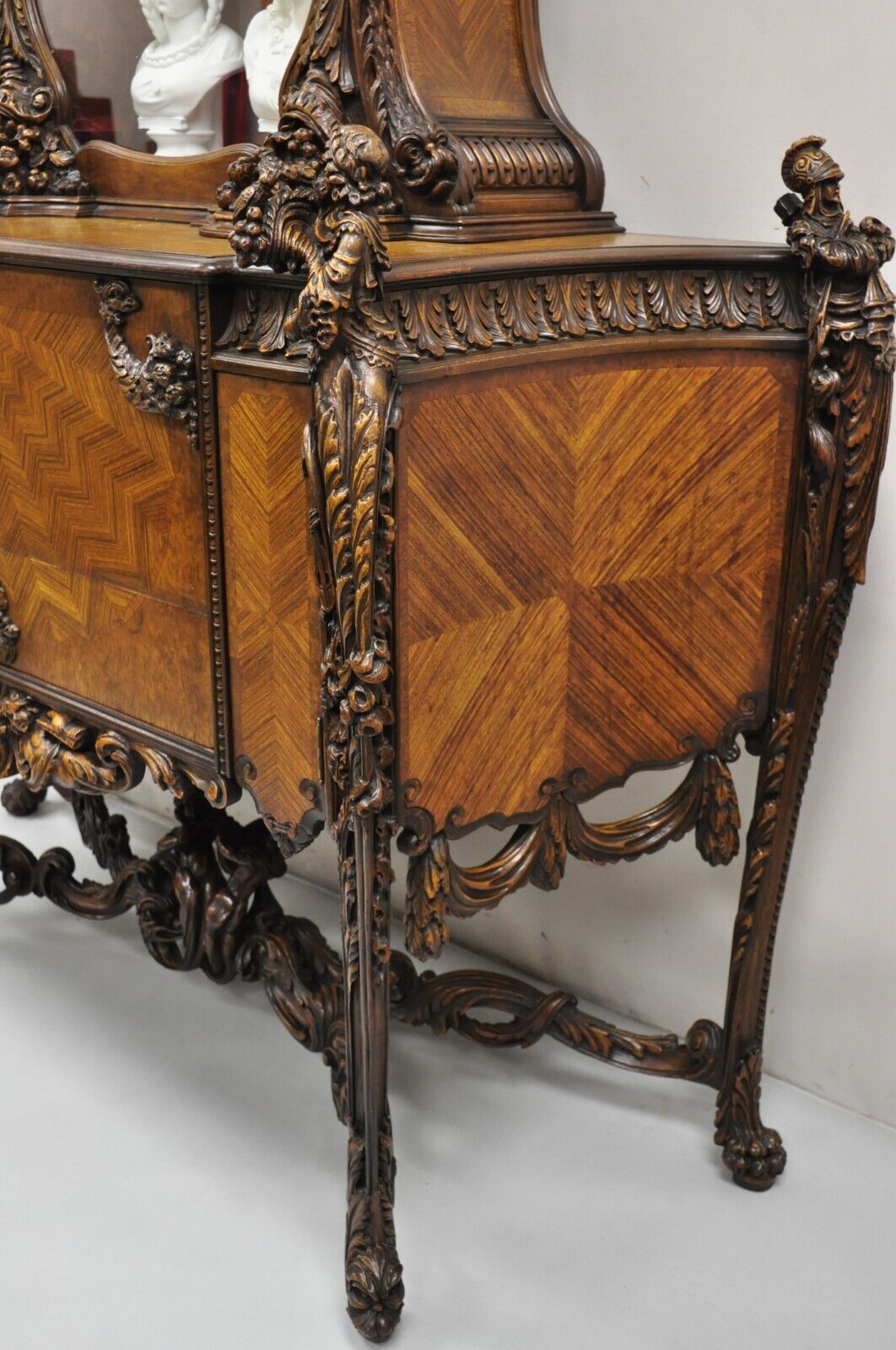 French Renaissance Louis XV Style Figural Carved Walnut Curio Display Buffet