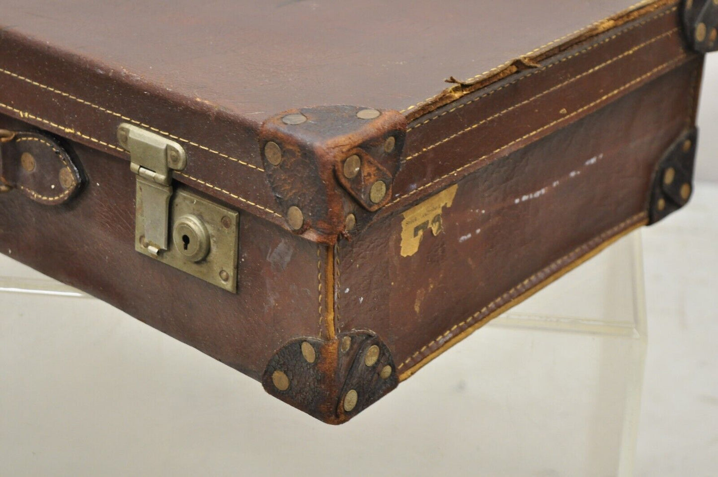 Antique Art Deco Brown Leather English 25" Luggage Travel Suitcase