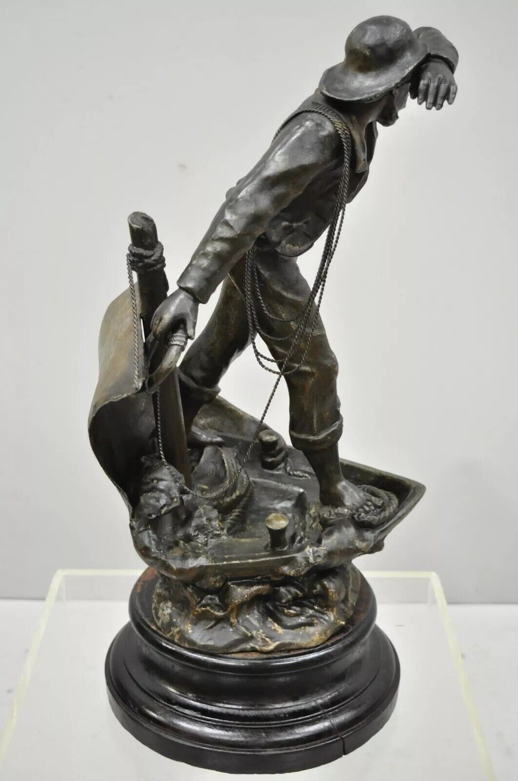 Antique French Spelter Metal Sailor Watchman on Ship Wooden Base, Made in France