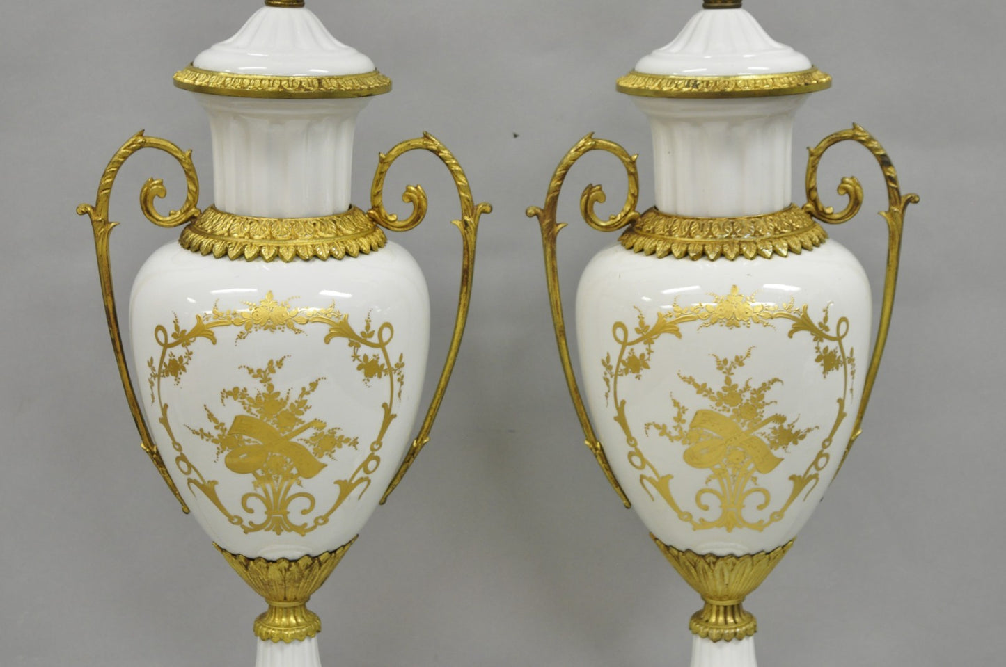 Antique French Louis XV Hand-Painted Porcelain Urn Bronze Table Lamps - a Pair
