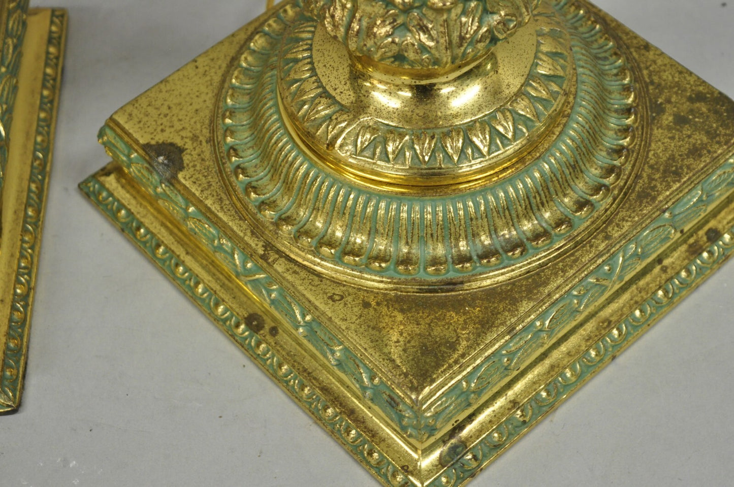 Vintage Hollywood Regency Brass Empire Green Column Gold Table Lamps - a Pair