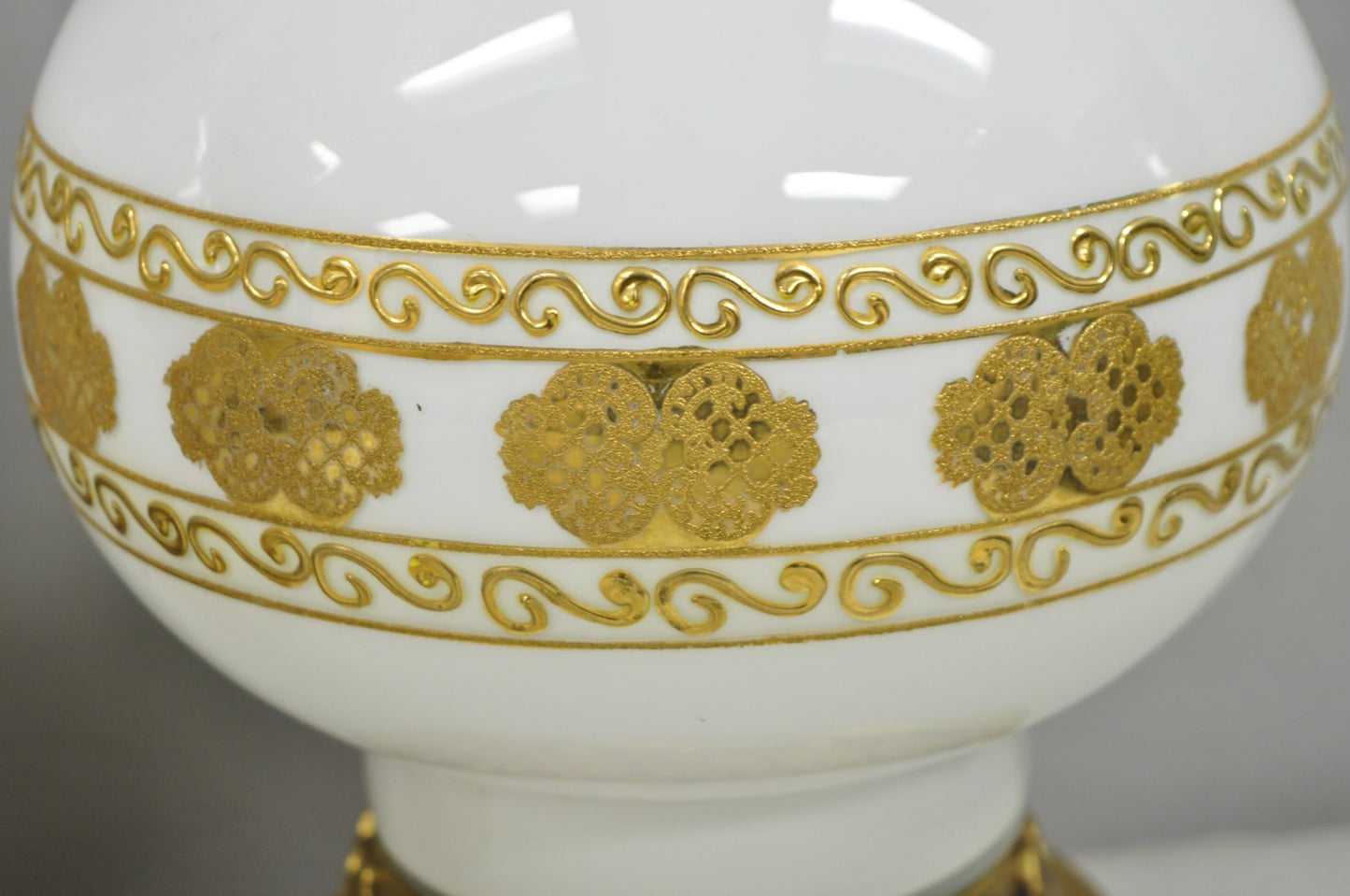 Vintage Hollywood Regency White Glass Gold Gilt Jardiniere Table Lamps - a Pair