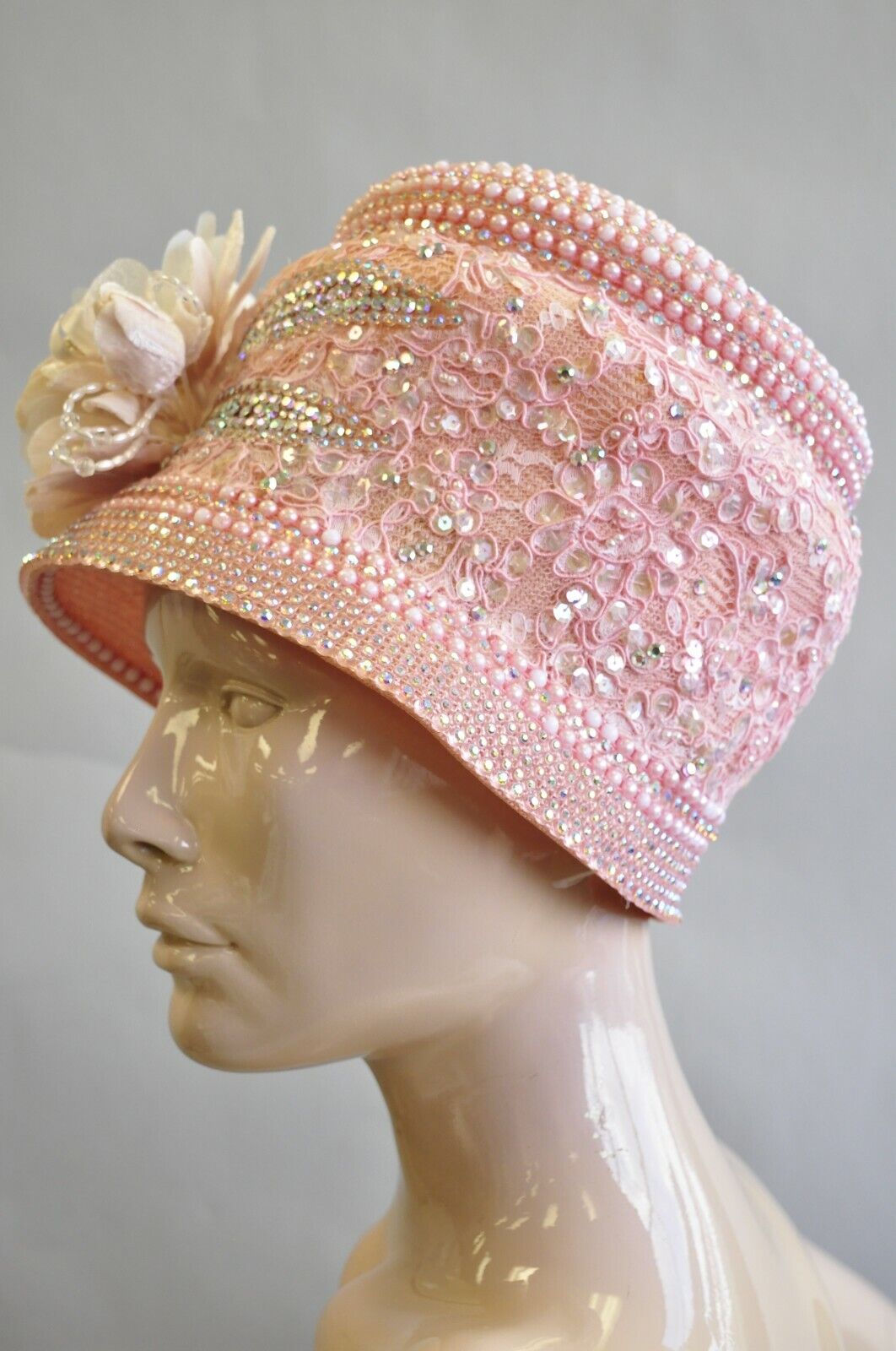 Shellie McDowell Pink Lace Iridescent Pearl Rhinestones Church Derby Crown Hat