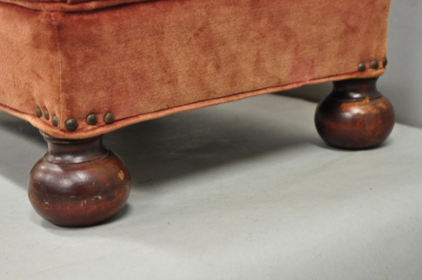 Vintage Jacobean William & Mary Walnut Bun Feet Upholstered Ottoman Footstool