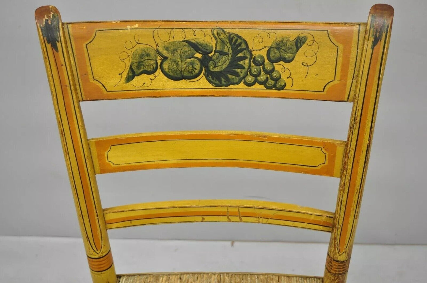 Antique Hitchcock Style Slat Back Rush Seat Yellow Paint Stencil Side Chair (A)