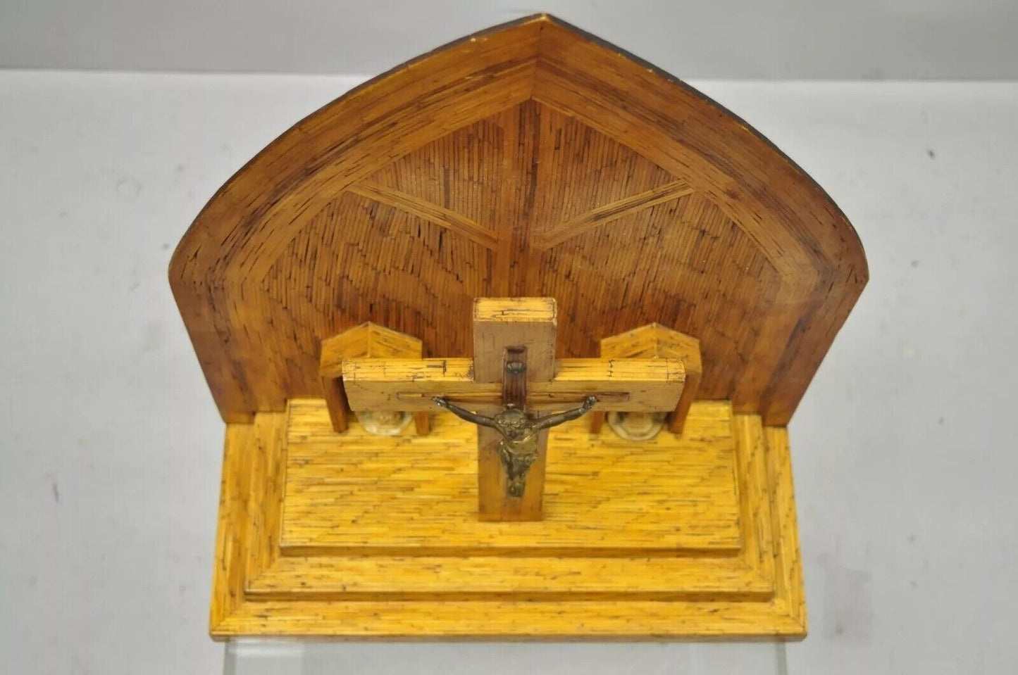 Vintage Folk Art Matchstick Prison Tramp Art Crucifix Jesus Christ Sculpture