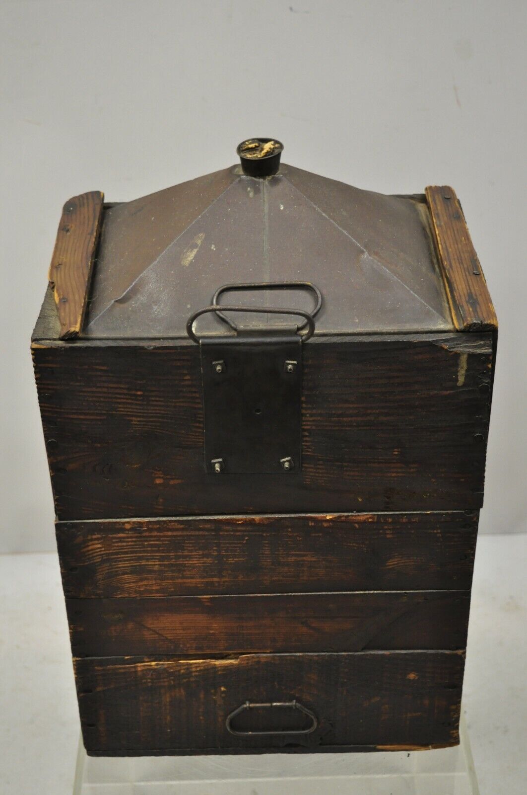 Antique Export Tin Metal Transport 5 Gallon Canister Container with Wood Case