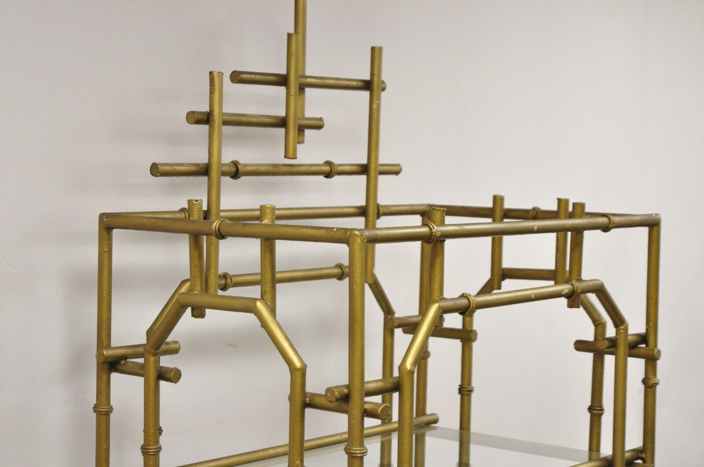 Hollywood Regency Faux Bamboo Chinese Chippendale Pagoda Gold Etagere Bookcase