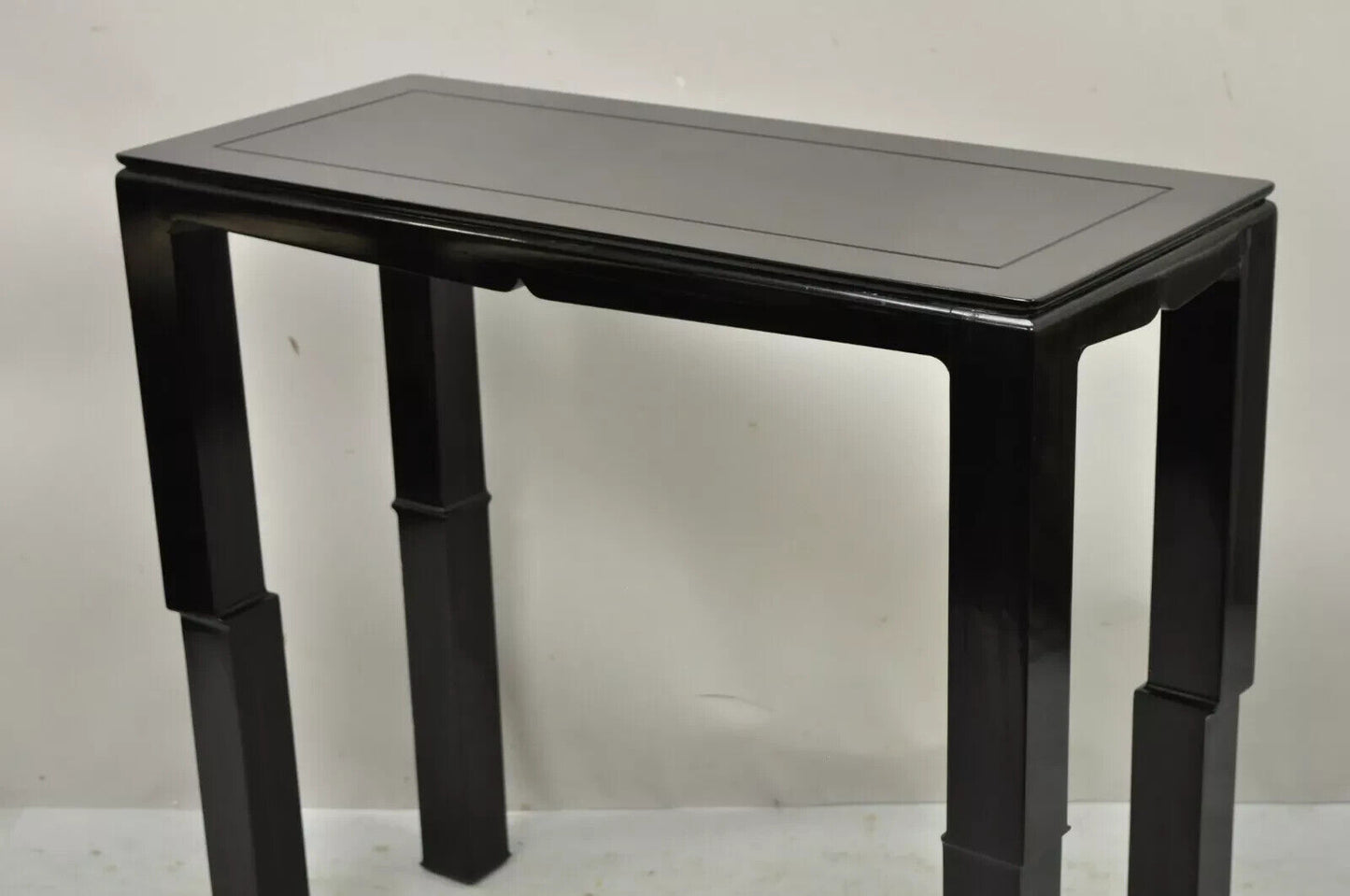 Chinese Ming James Mont Style Black Lacquer Sofa Hall Console Tables - Pair