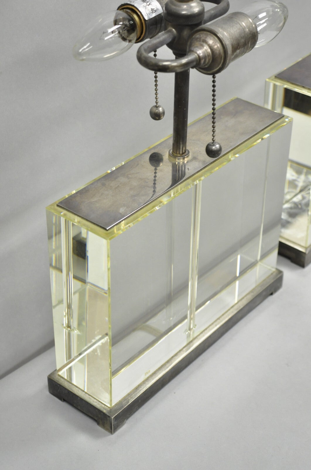 Modern Williams Sonoma Crystal Glass Block Phoenix Wide Table Lamps - a Pair