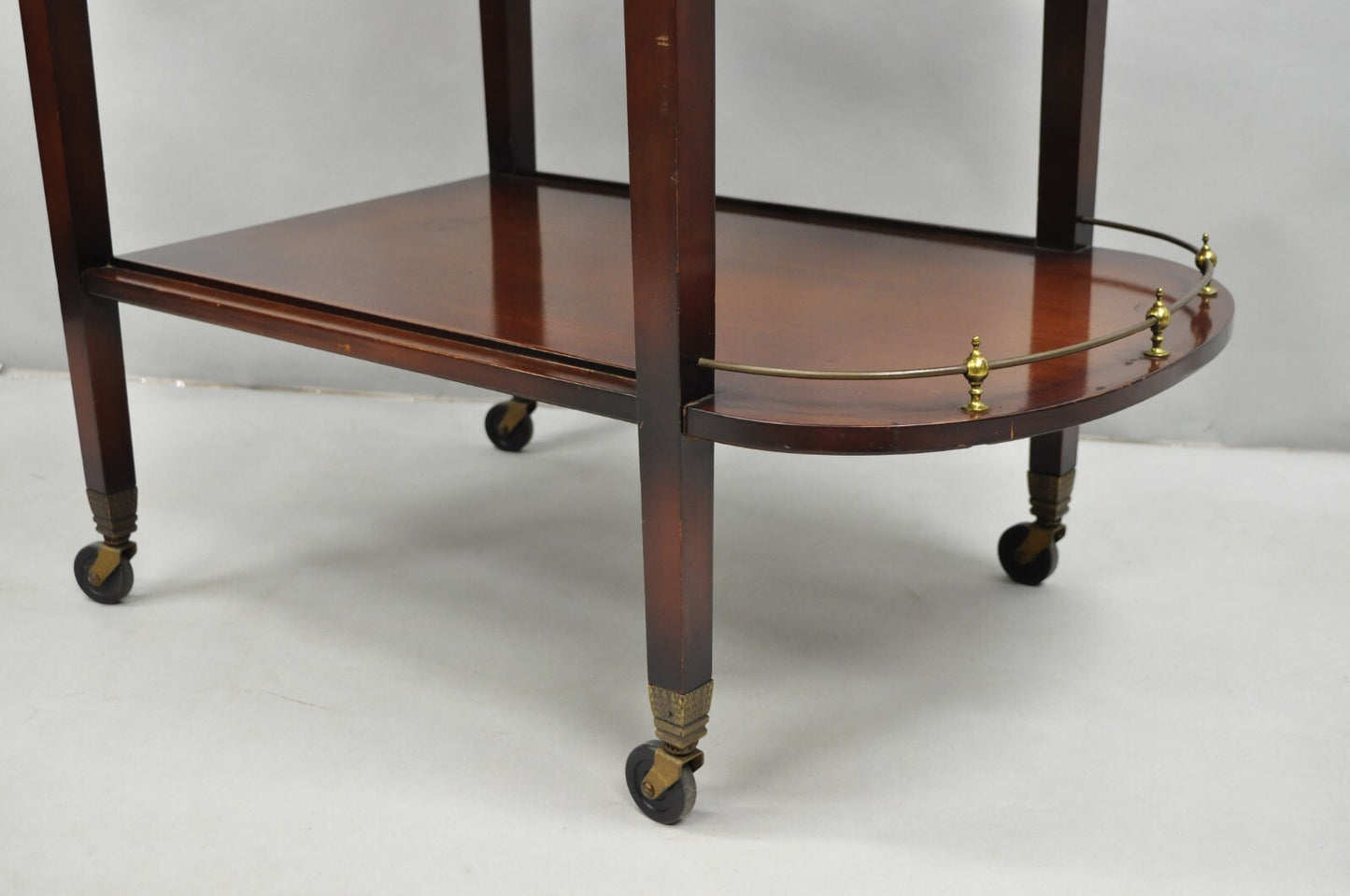 Vintage French Regency Mahogany 2 Tier Brass Gallery Rolling Bar Cart Server