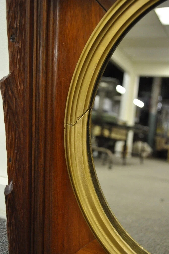 Antique Black Forest Victorian Faux Bois Carved Mahogany Gold Gilt Wall Mirror