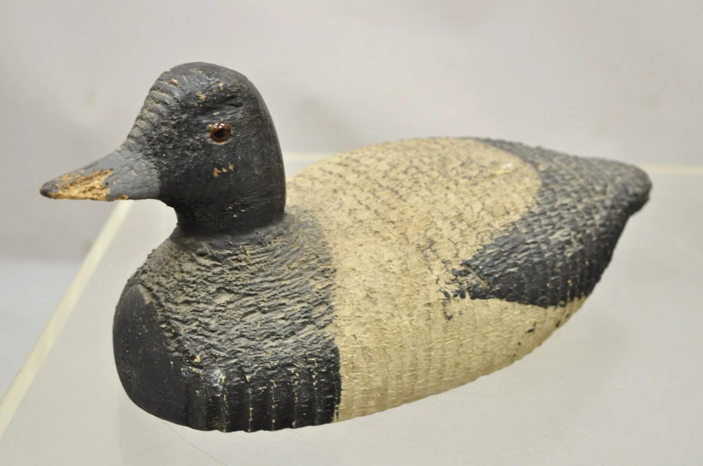 Antique Carved Wood Wooden Black and White 13" Mallard Duck Decoy w/ Glass Eyes