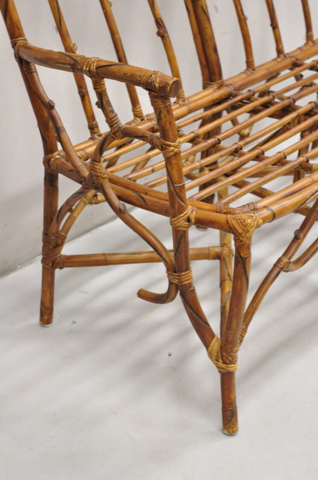 Vintage Rustic Bamboo Rattan Tree Branch Form Adirondack Bench Settee