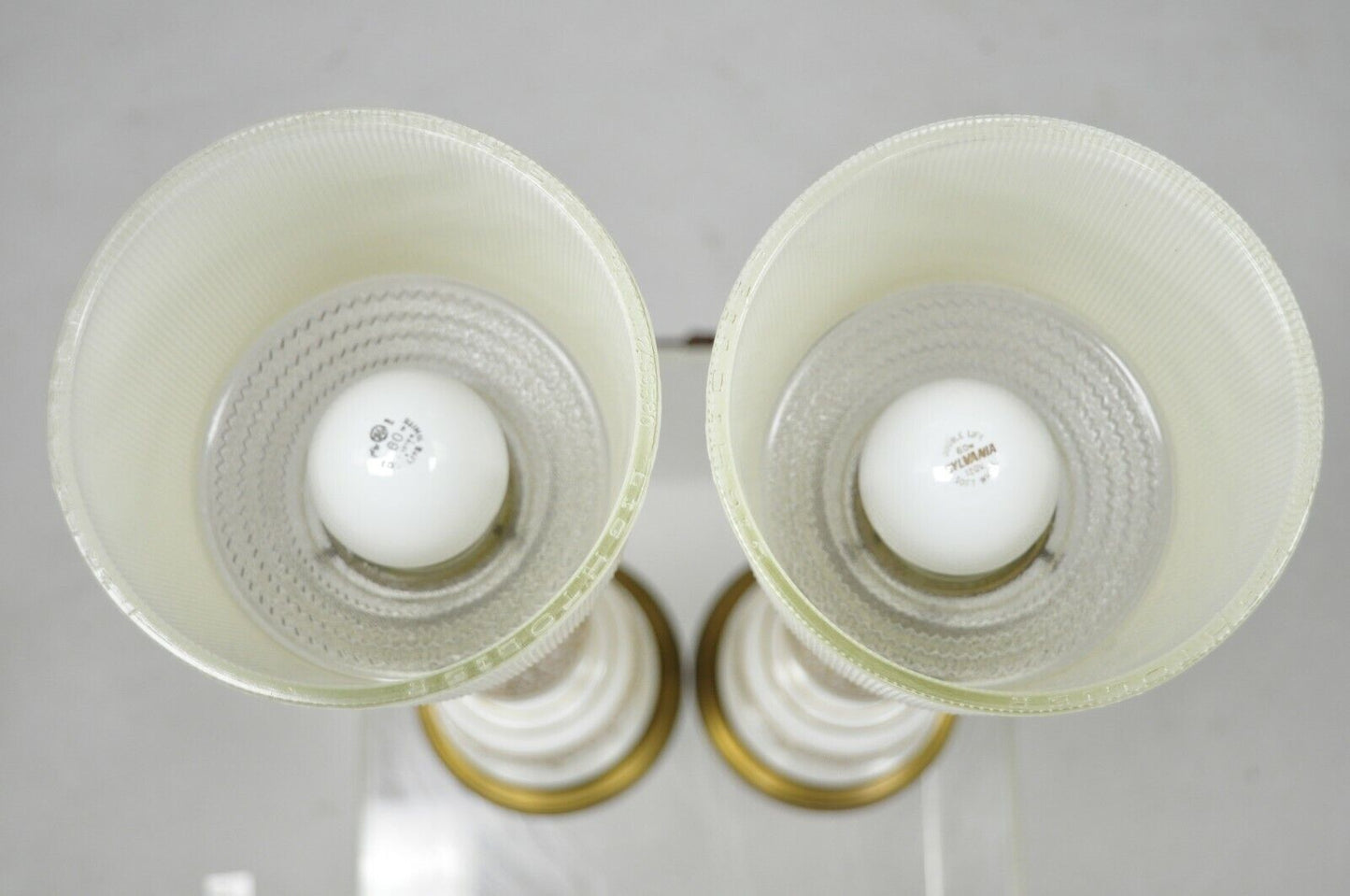 Vintage French Neoclassical Gold Gilt White Porcelain Column Table Lamps - Pair
