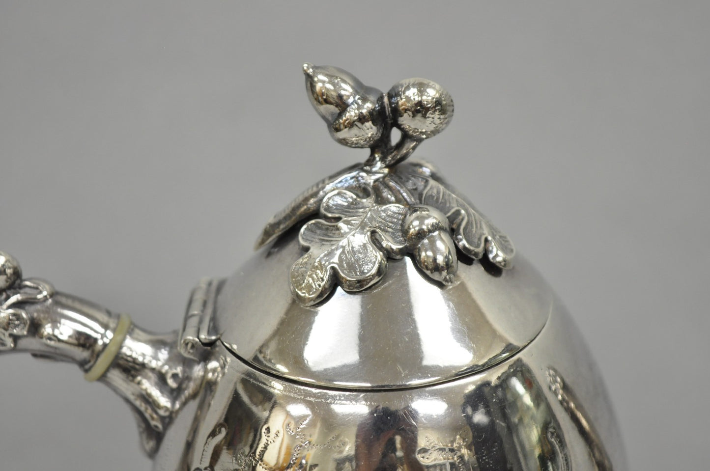 Antique Art Nouveau Silver Plated Nuts & Vines Repousse Tea Pot Tea Kettle