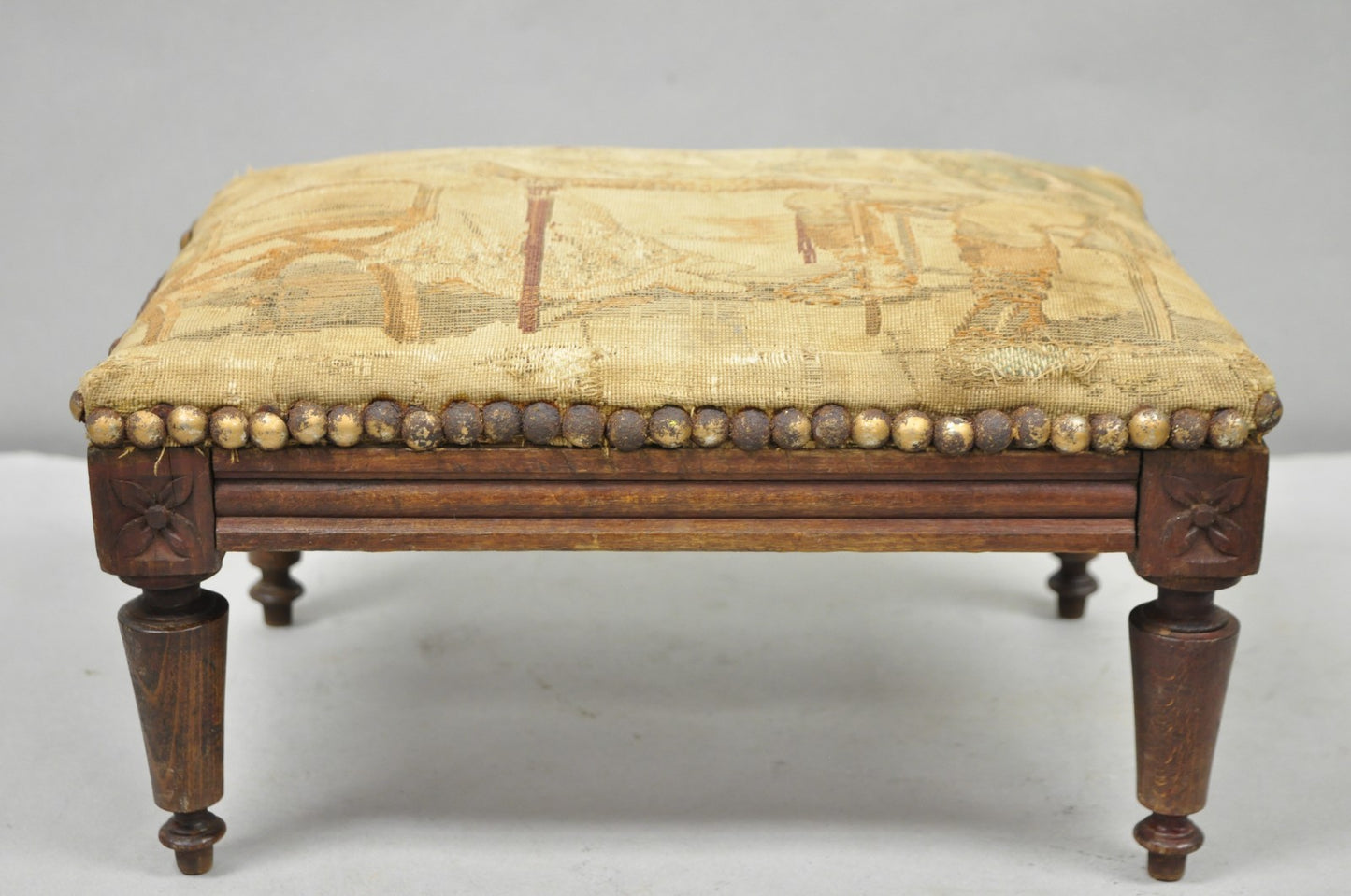 Antique French Country Louis XVI Carved Walnut Small Petite Footstool Ottoman
