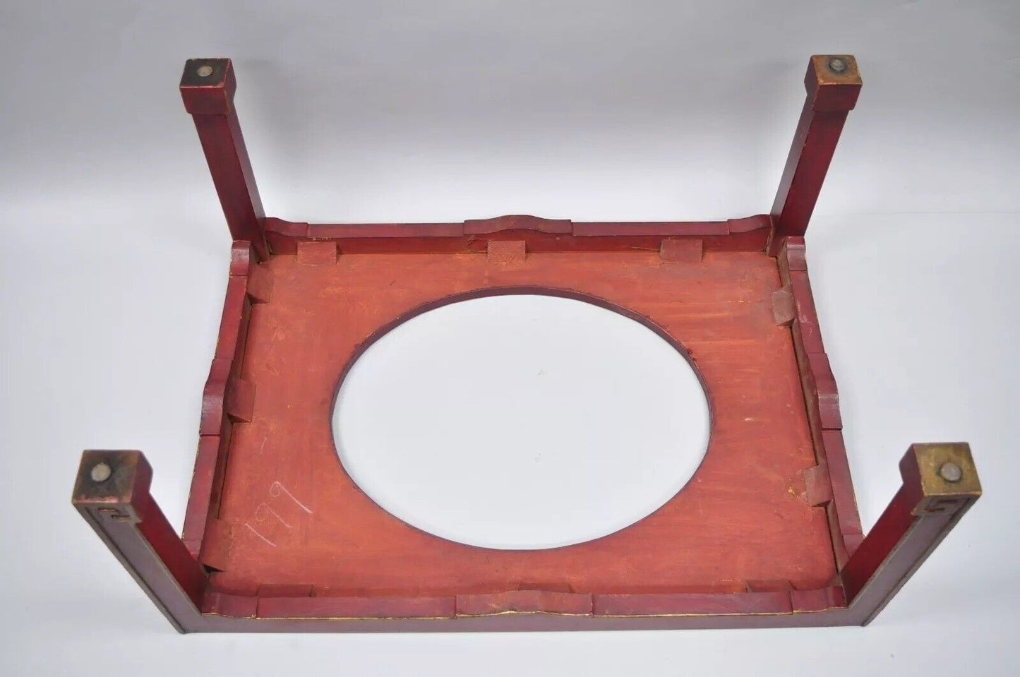 Vintage Chinoiserie Red Oriental Coffee Table with Tole Metal Serving Tray Top