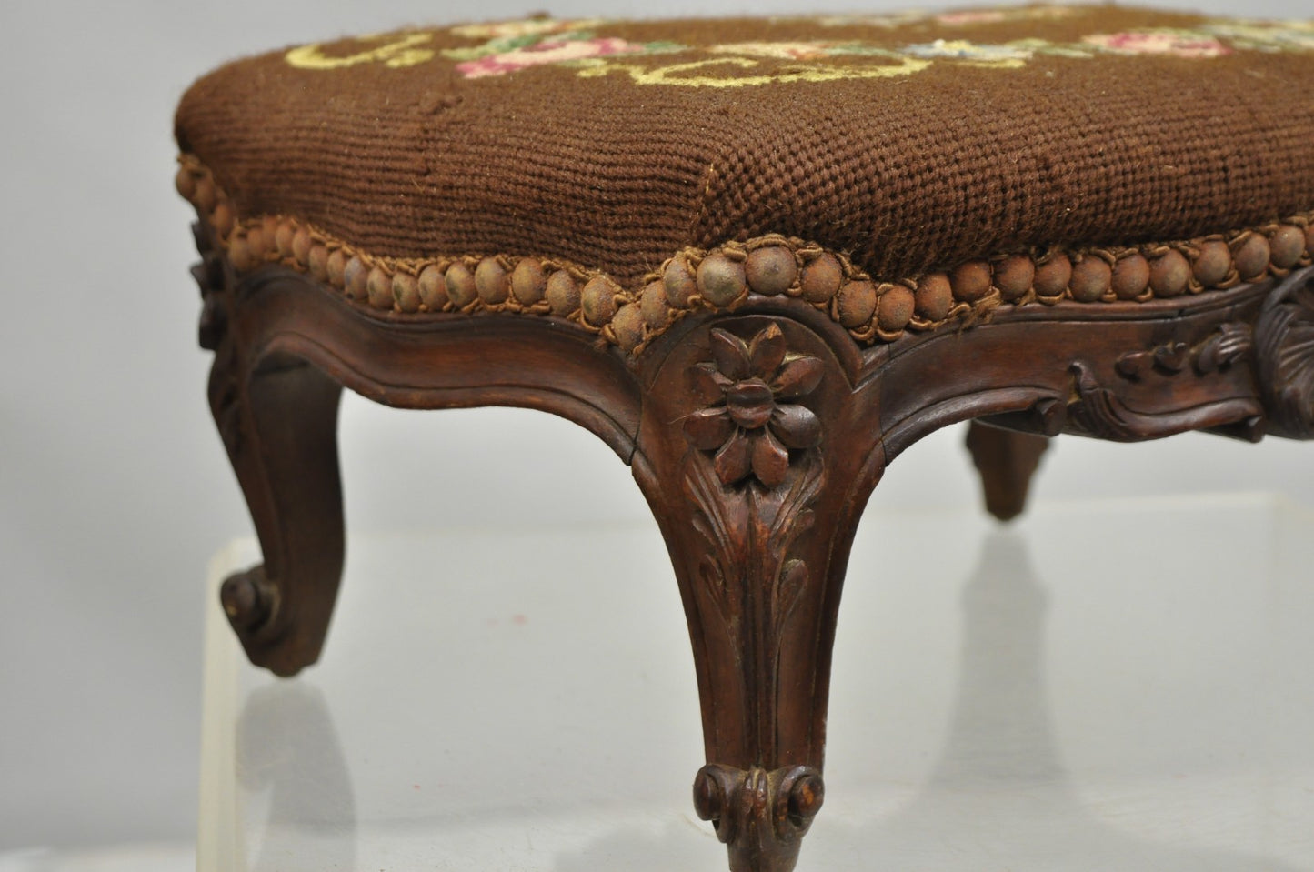 French Country Louis XV Carved Walnut Needlepoint Petite Footstool Ottoman