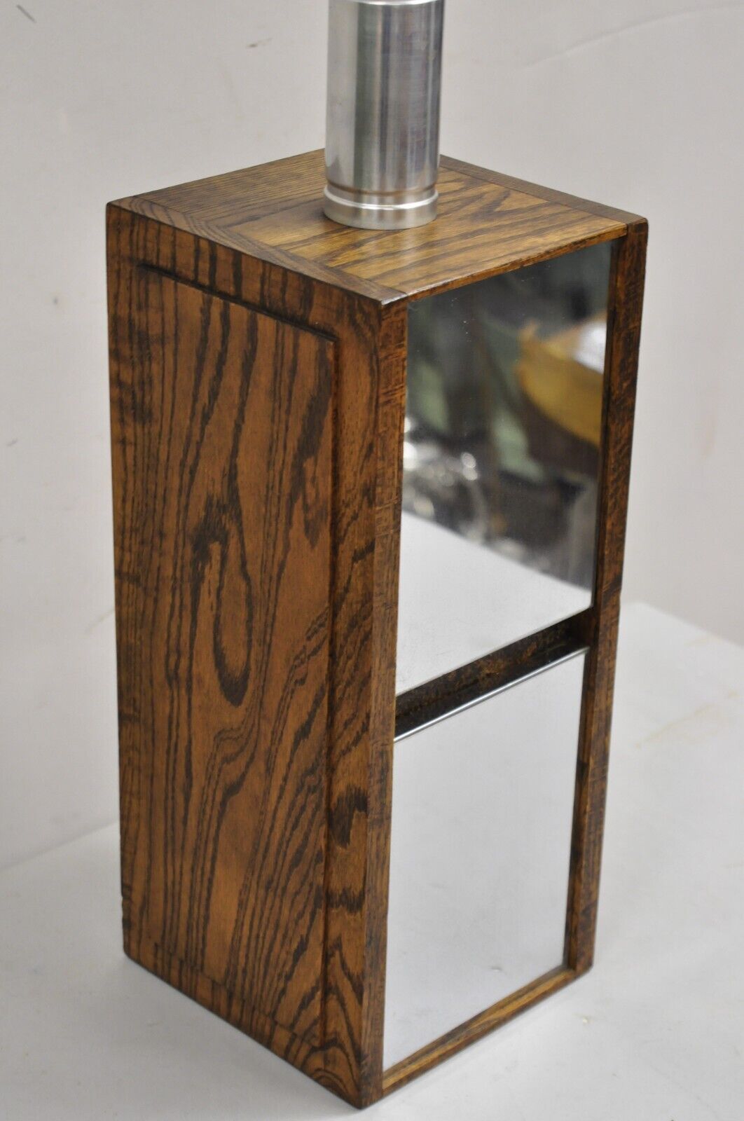 Vintage Mid Century Modern Oak Wood & Double Sided Mirror Cubist Table Lamp