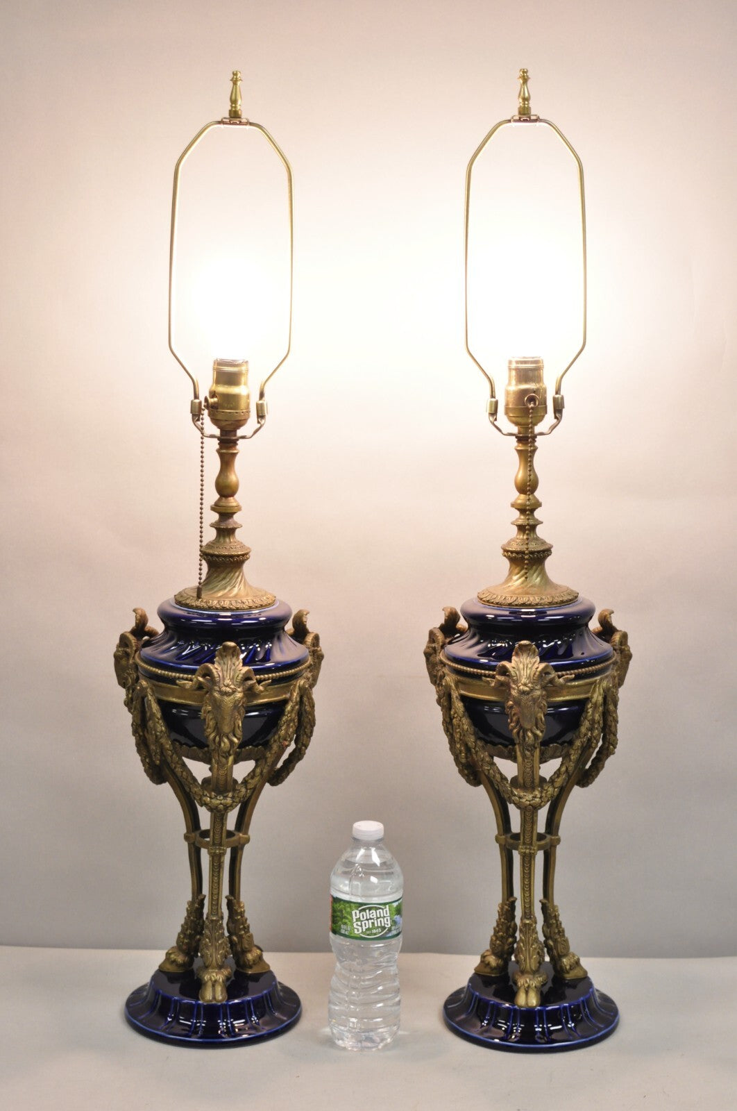 French Empire Neoclassical Bronze Ram Head Cobalt Blue Porcelain Table Lamp Pair