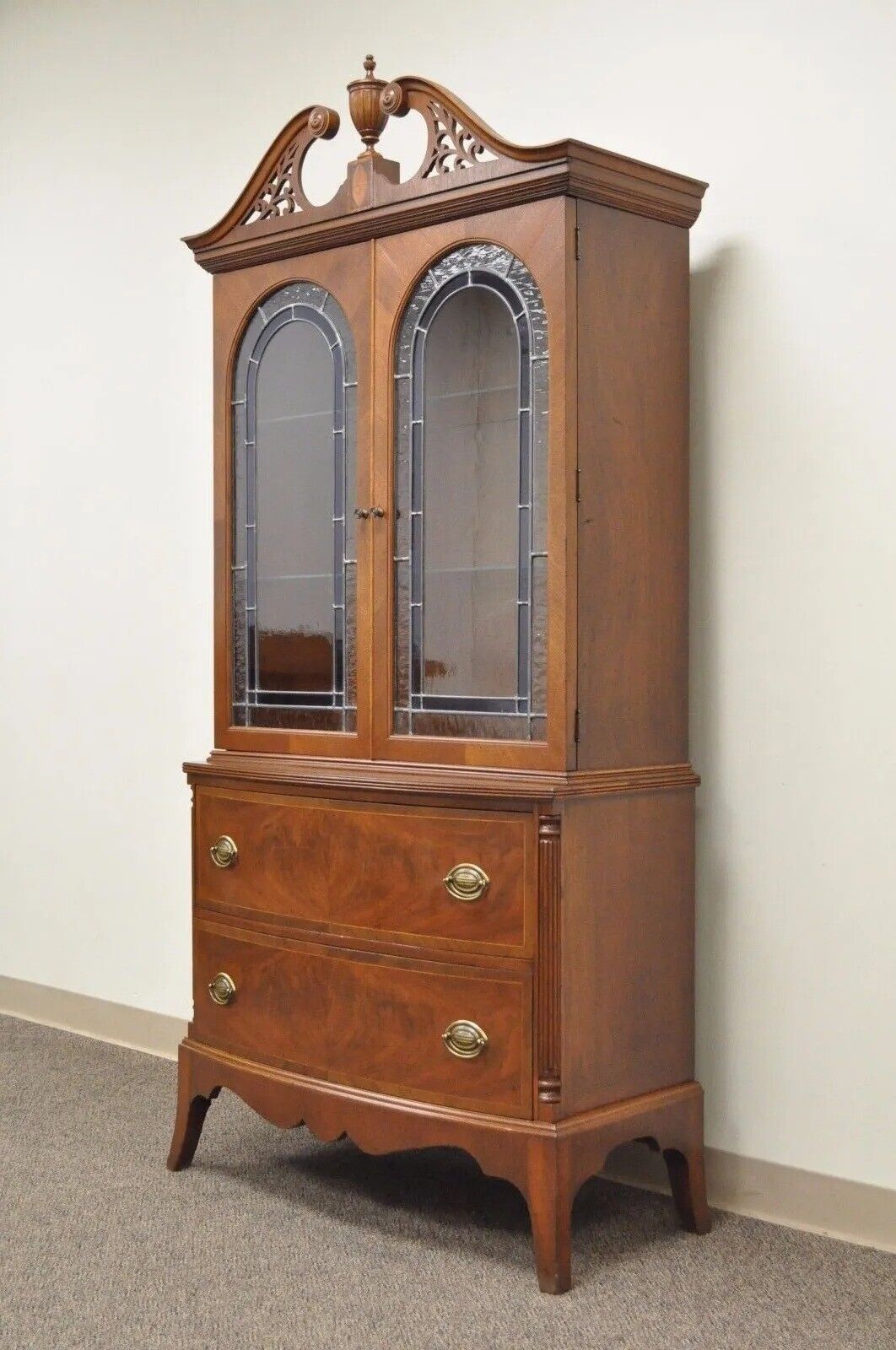 Antique Federal Style Mahogany China Display Cabinet with Stained Glass Doors