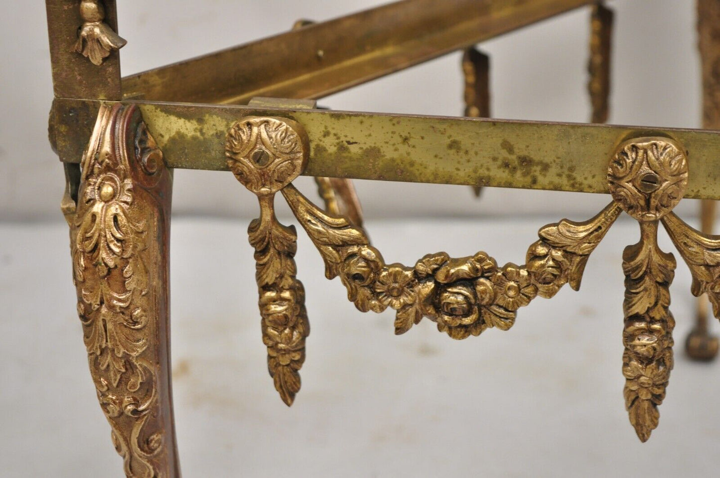 Vintage French Hollywood Regency Ornate Brass Triangular Etagere Stands - Pair