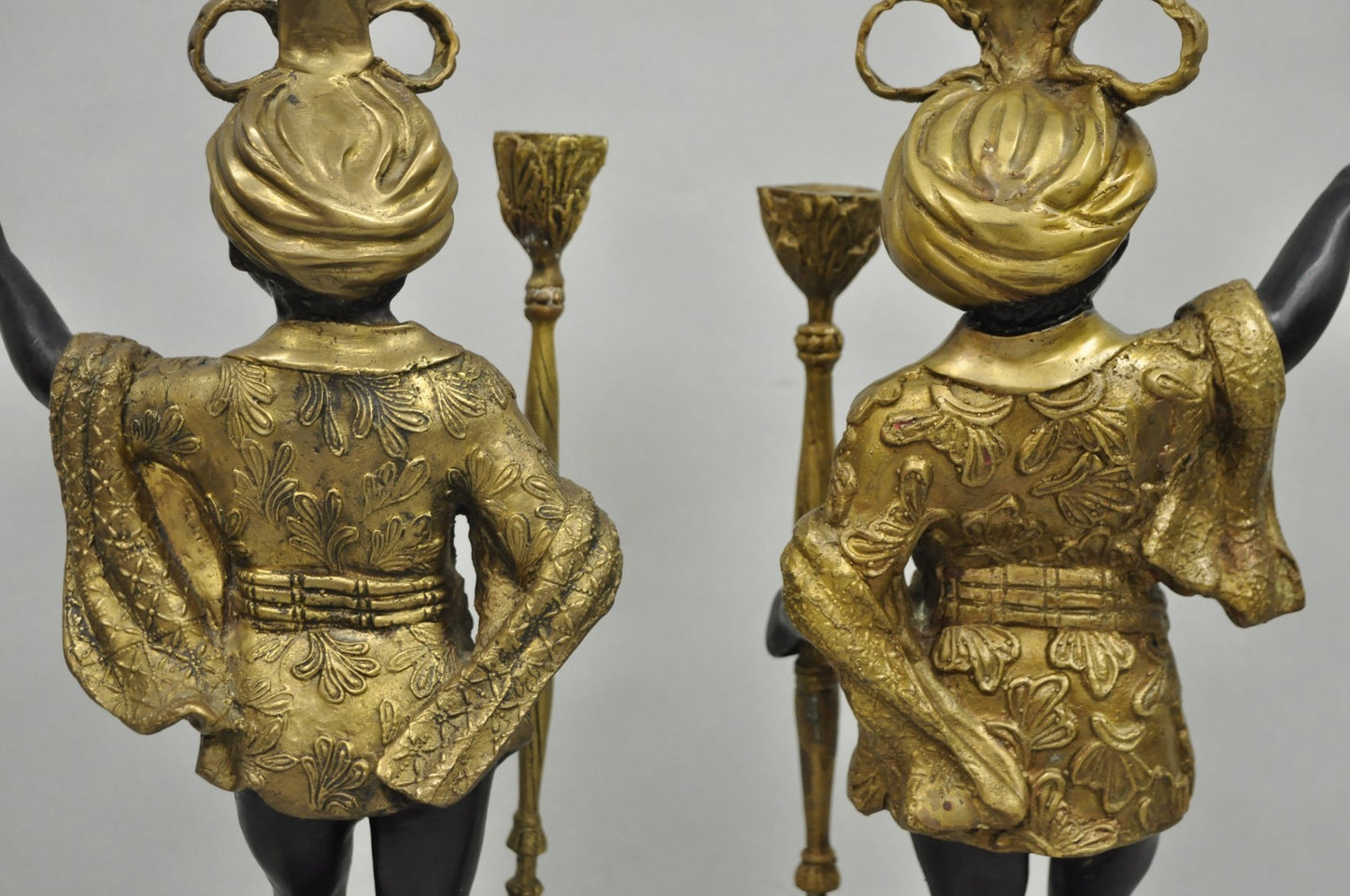 Vintage Moorish Venetian Blackamoor Figural Bronze Candelabra Candle Holder Pair