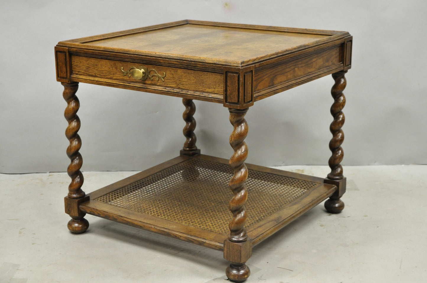 Vintage Baker Barley Twist Oak & Burlwood Parquetry Inlay Square Lamp Side Table