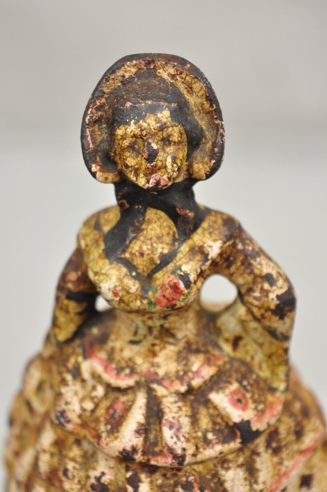 Antique Victorian Cast Iron Figural Painted Small Hoop Skirt Girl Door Stop