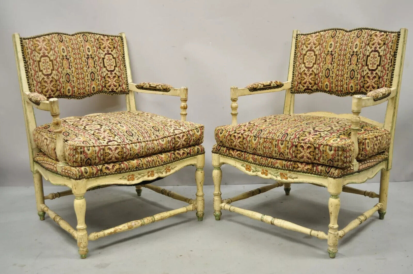 Vintage French Country Cream Distress Painted Lounge Arm Chairs & Ottoman a Pair