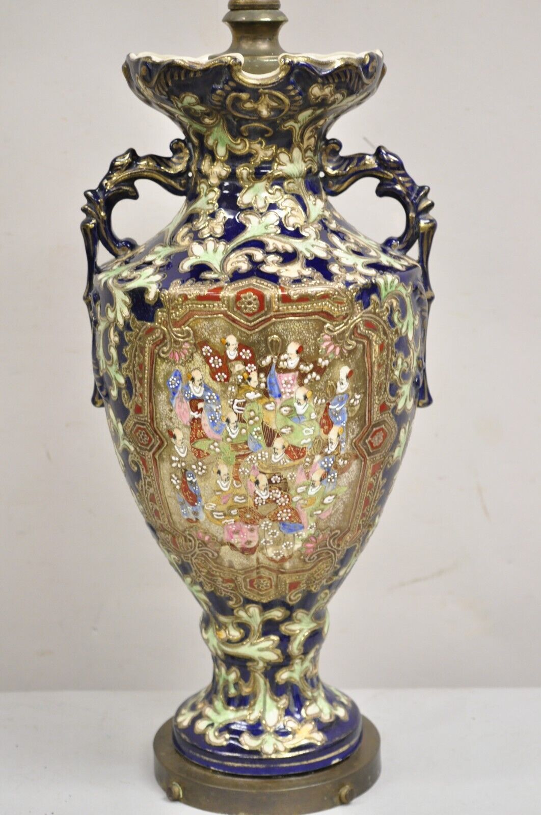 Antique Japanese Chinoiserie Blue Floral Porcelain "Wiseman" Large Table Lamp