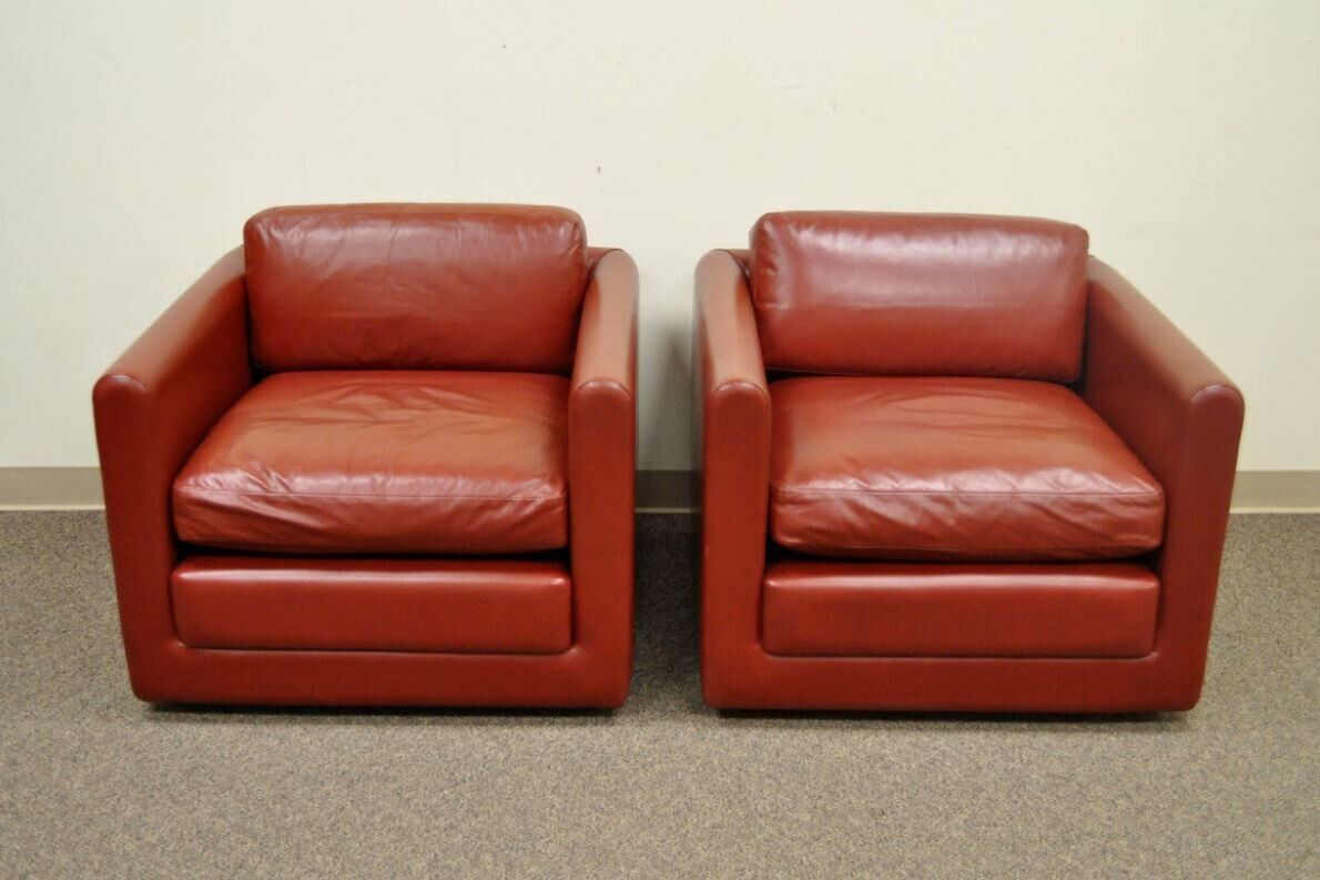 Mid Century Modern Red Leather Cube Club Lounge Chairs on Casters - a Pair