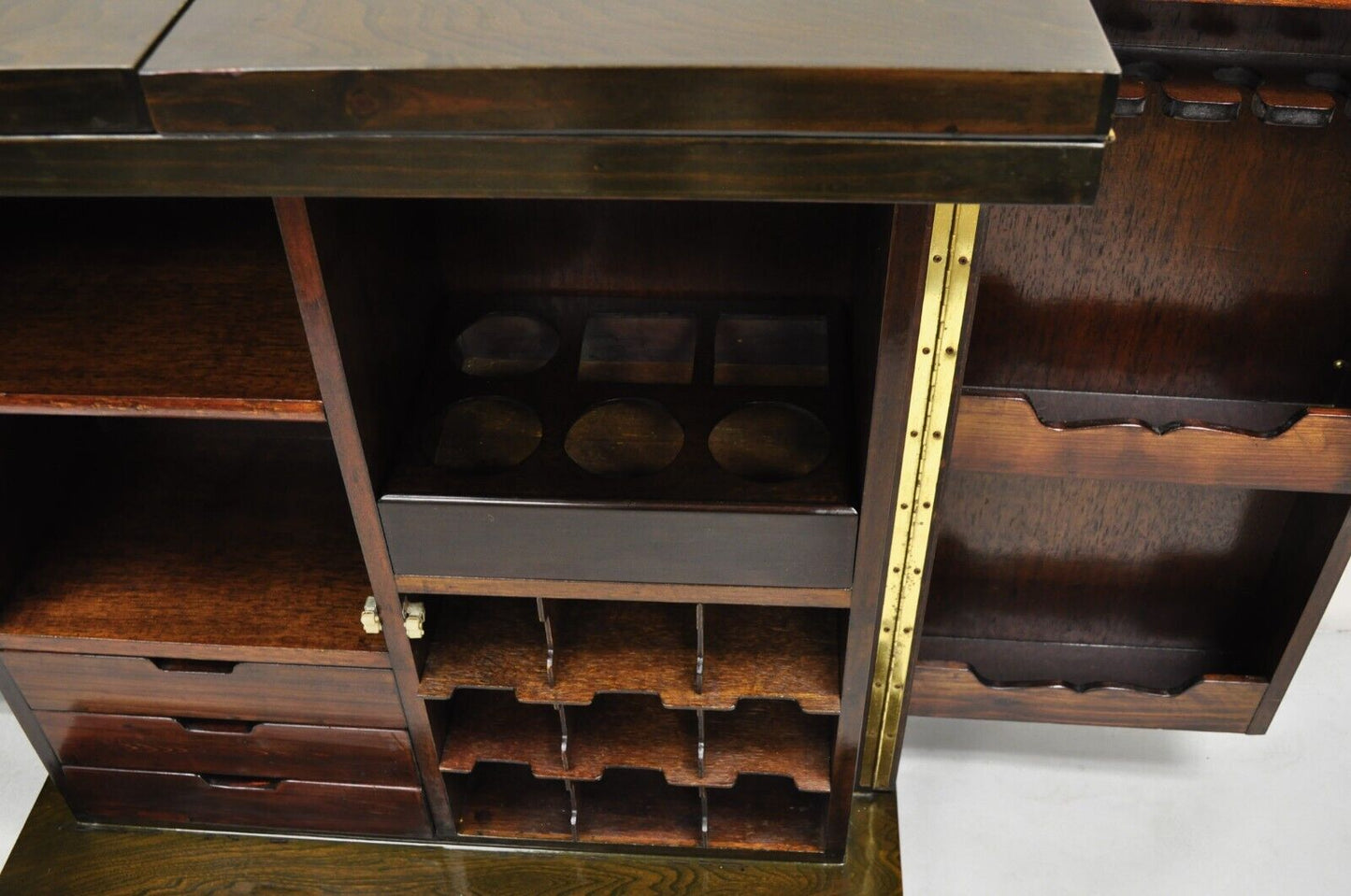 Vintage Korean Carved Wood Marble Top Asian Chinese Liquor Cabinet Dry Bar