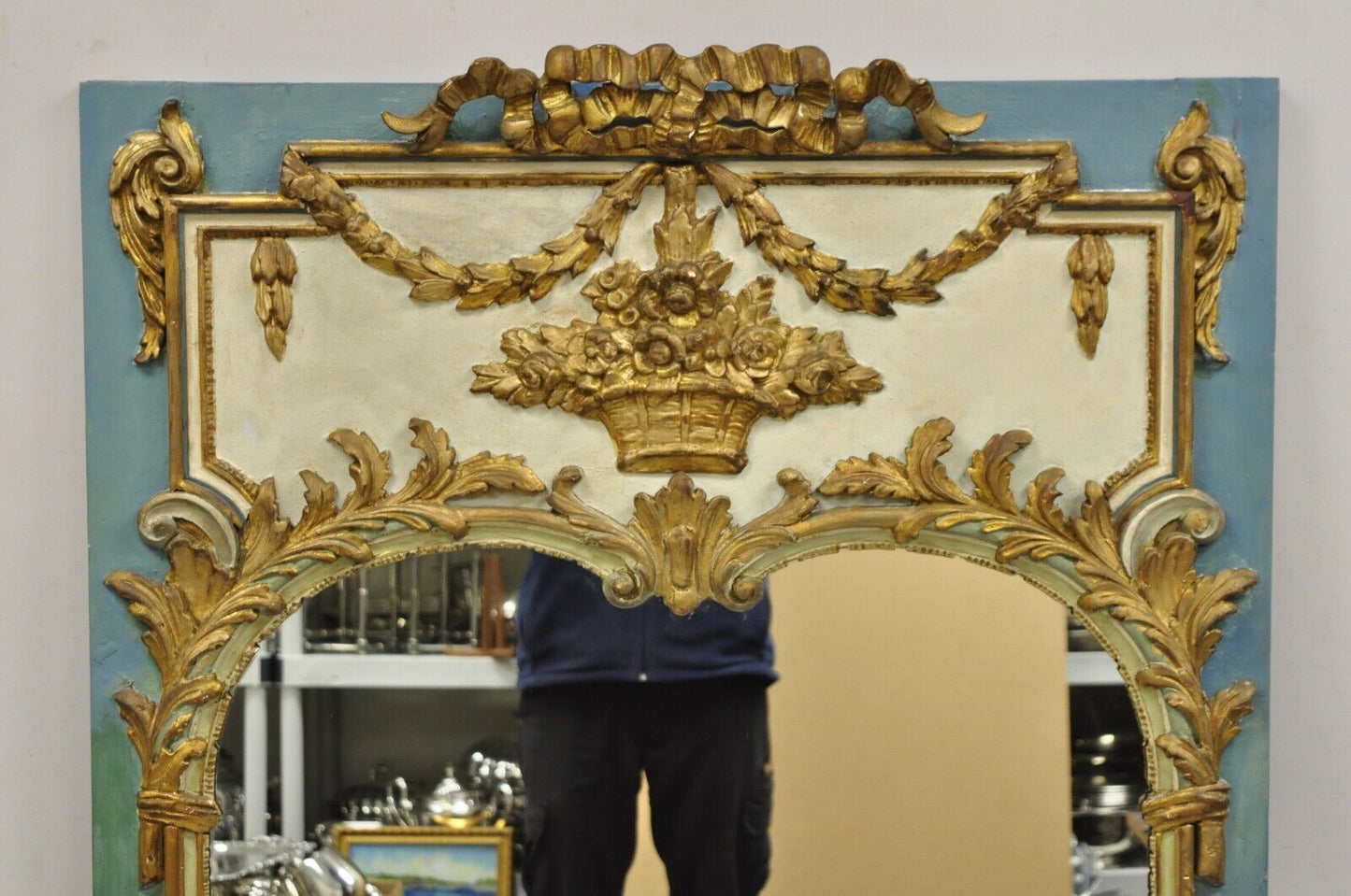 Antique French Louis XV Style Floral Bouquet Blue Distress Painted Wall Mirror
