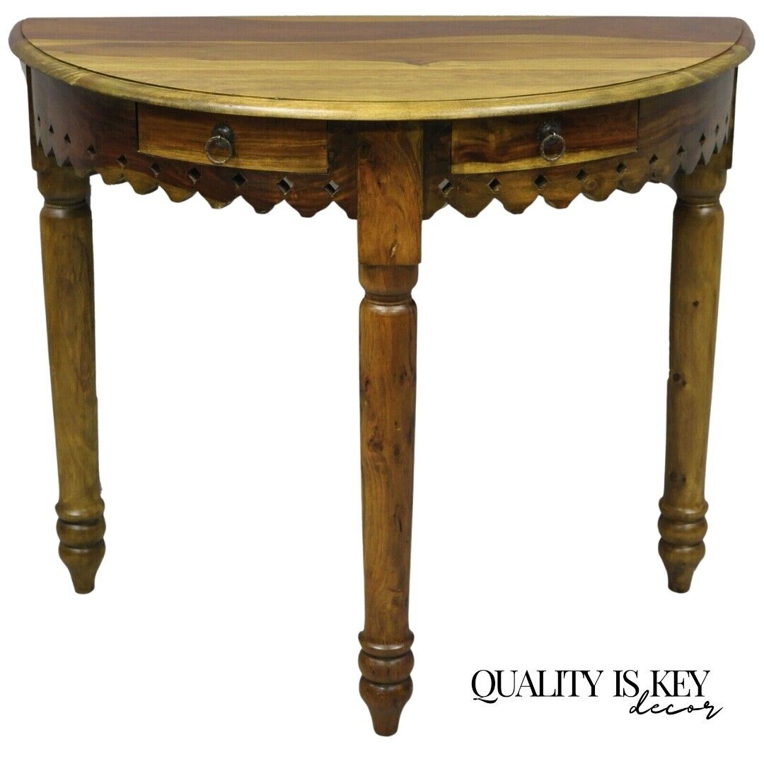 Mediterranean Spanish Style Half Round Gothic Demilune Teak Console Hall Table B