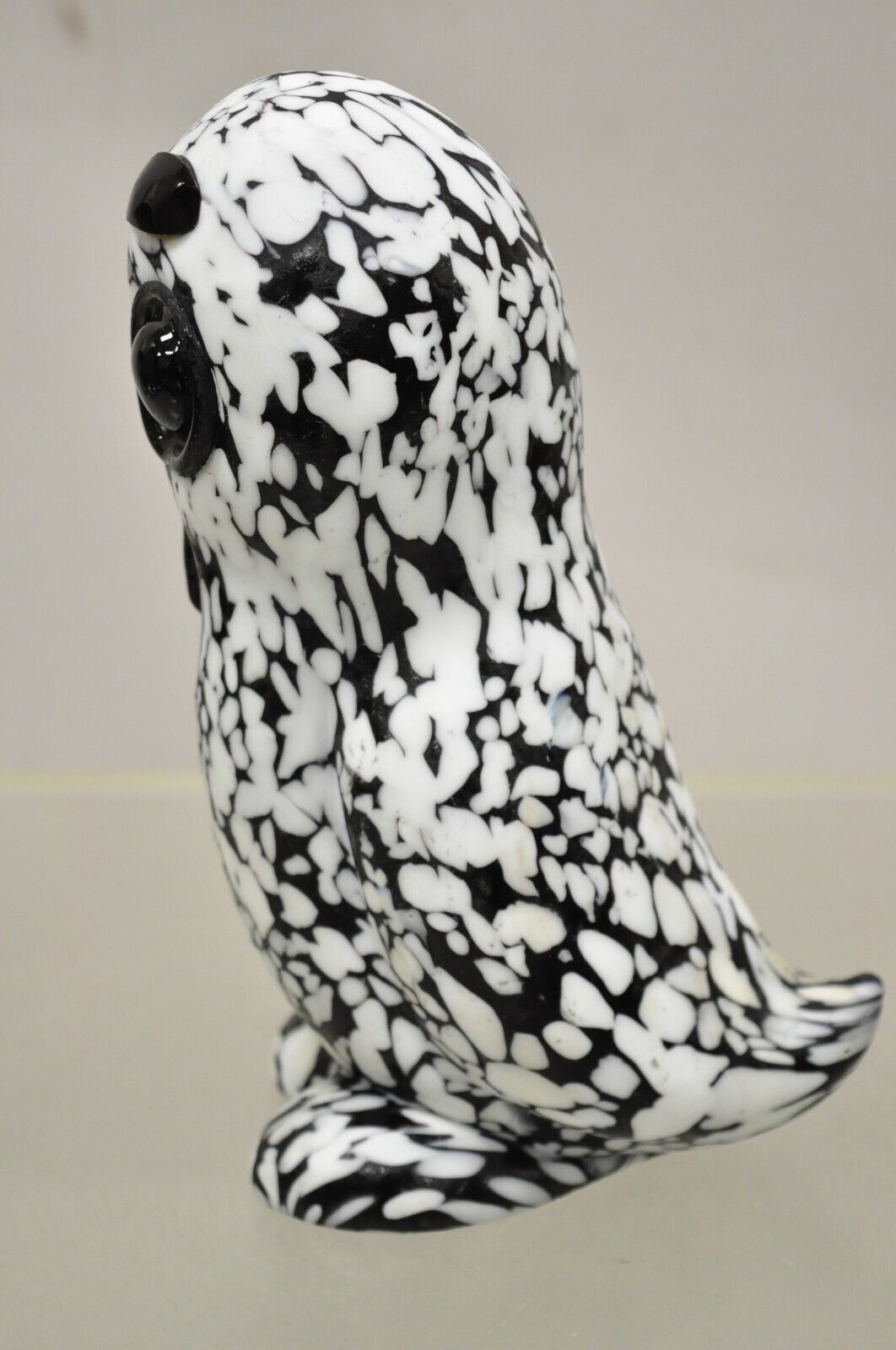 Vtg Italian Mid Century Heavy Art Glass Owl Figure Paperweight Black and White