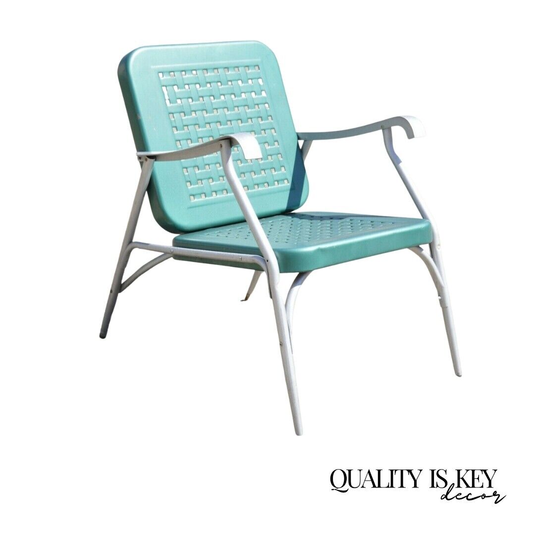 Vintage Green Metal Aluminum Basket Weave Patio Porch Outdoor Arm Chair