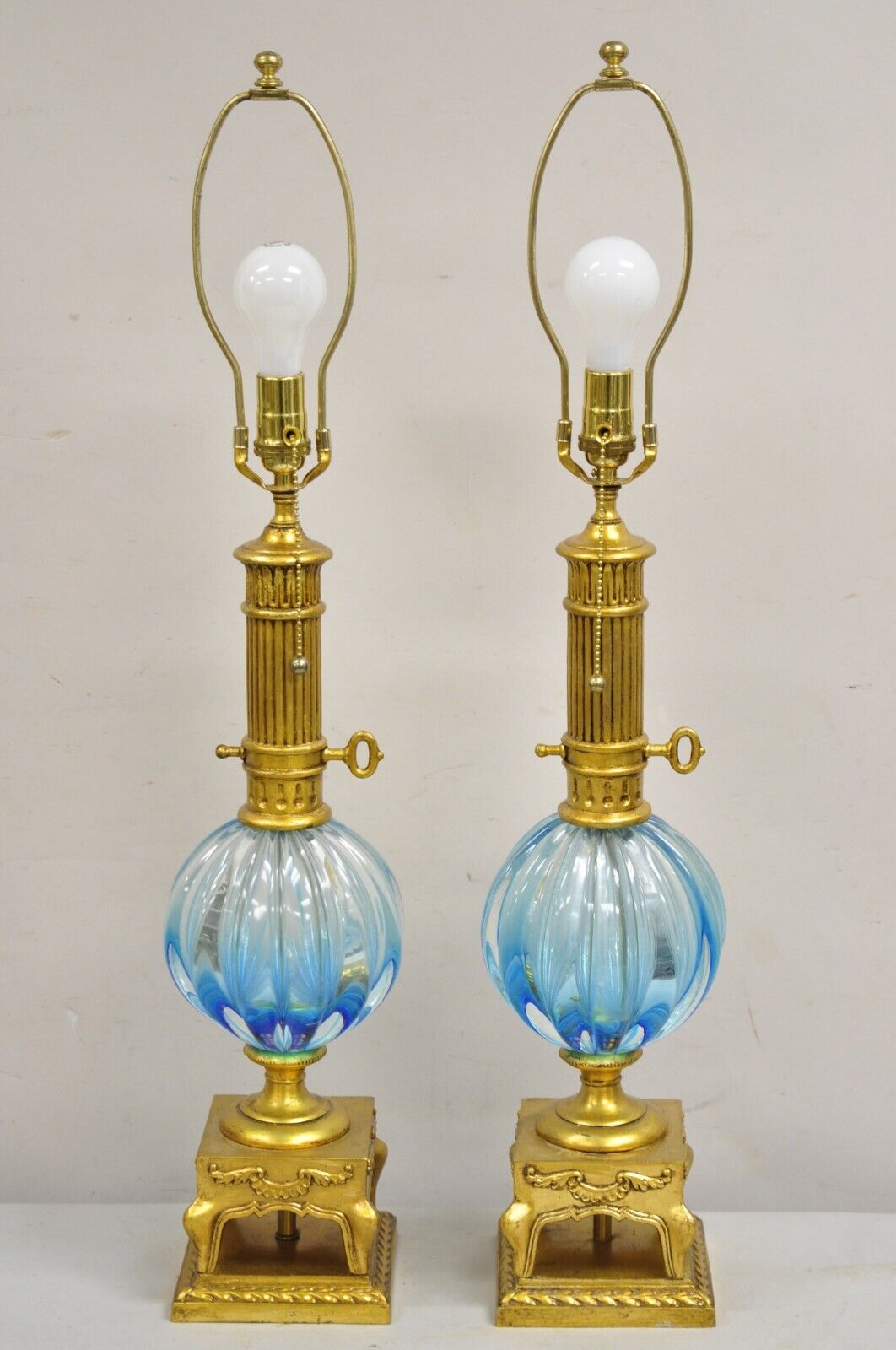 Decorator Modern Italian Murano Style Blue Blown Glass Gold Table Lamp - a Pair