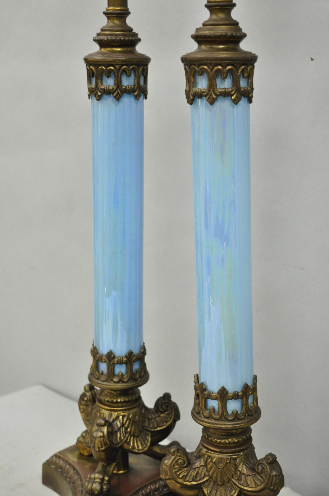 Vintage Italian Neoclassical Empire Iridescent Blue Glass Column Table Lamp Pair
