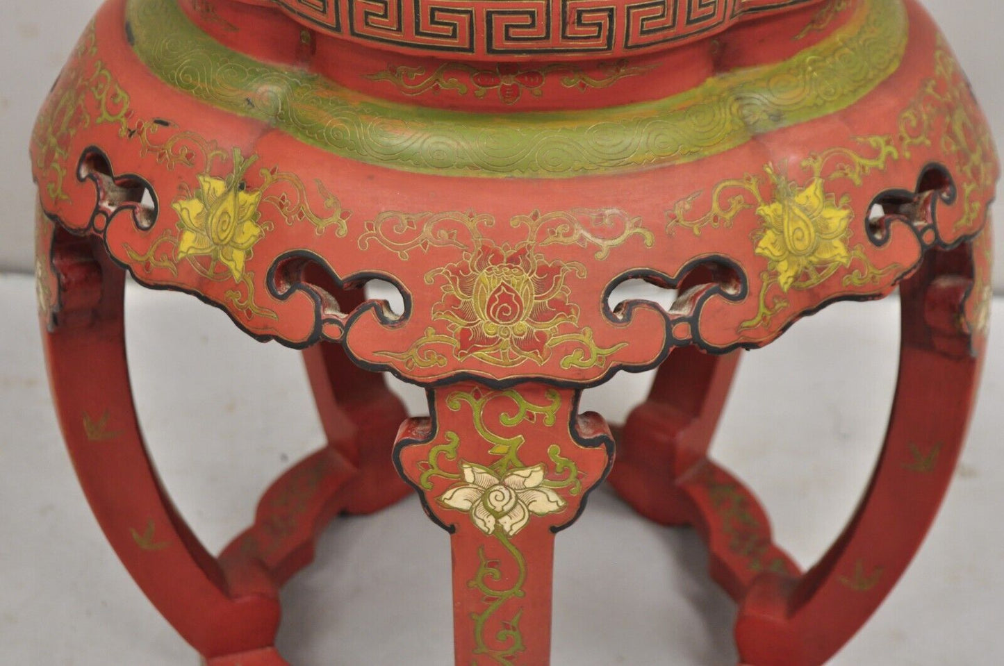 Vintage Chinoiserie Red Lacquer Chinese Drum Stool w Hand Painted Bird & Flowers