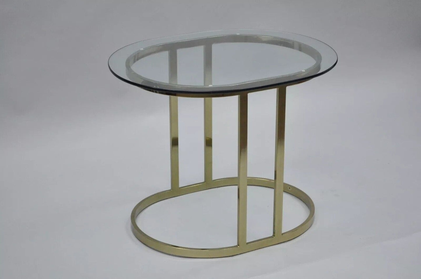 Vintage Hollywood Regency Oval Brass Plated Metal & Glass Accent Side Lamp Table