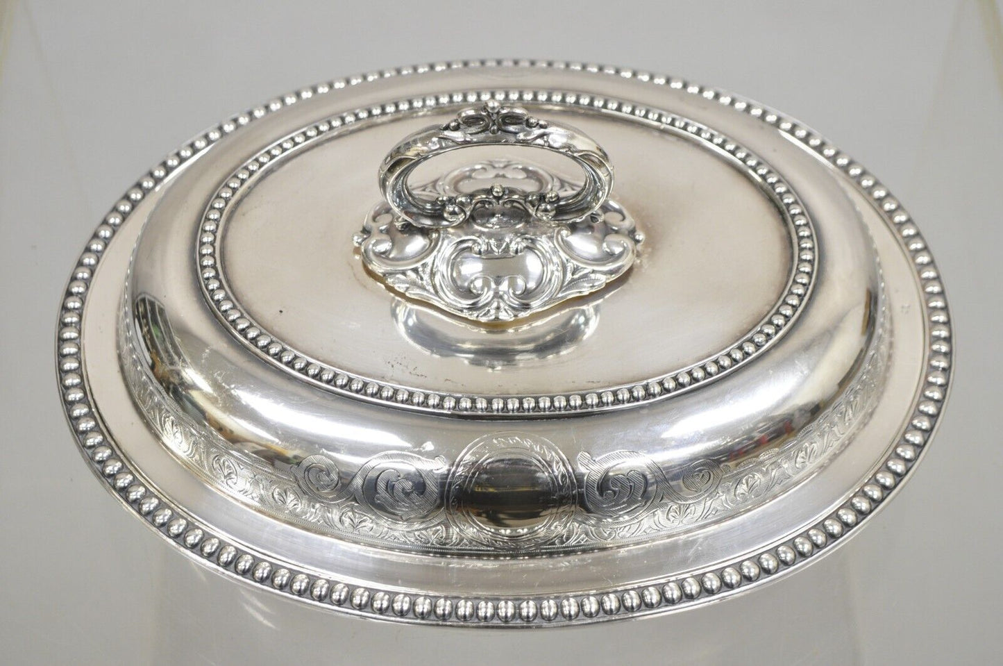 Antique English Victorian Scrollwork Engraved Covered Vegetable Serving Dish