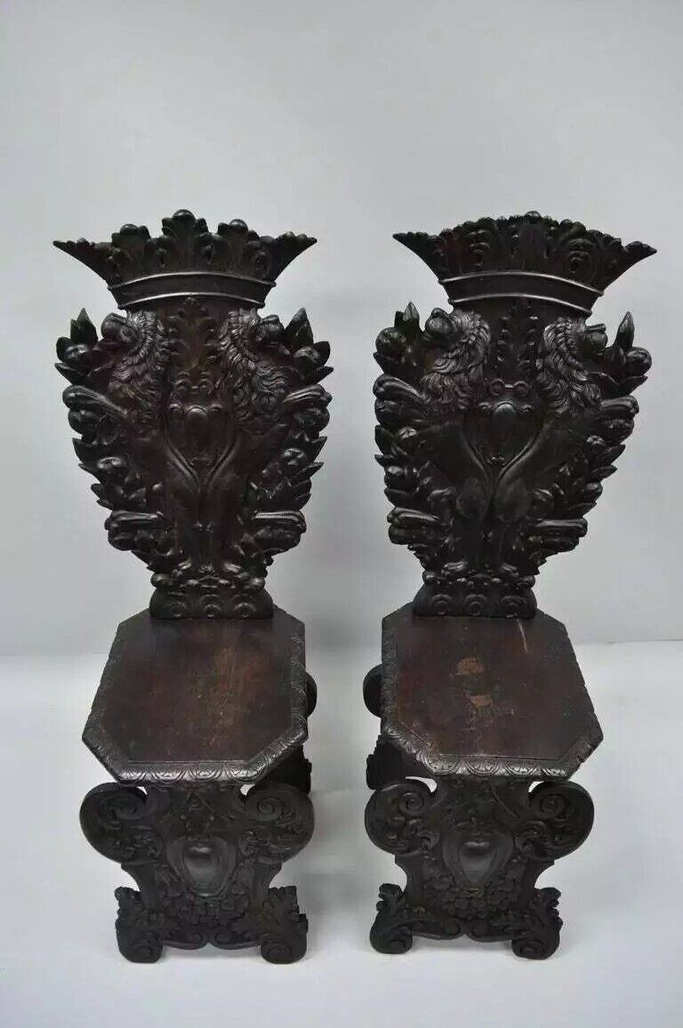 18th C. Italian Renaissance Lion Carved Walnut Sgabello Hall Chairs - a Pair