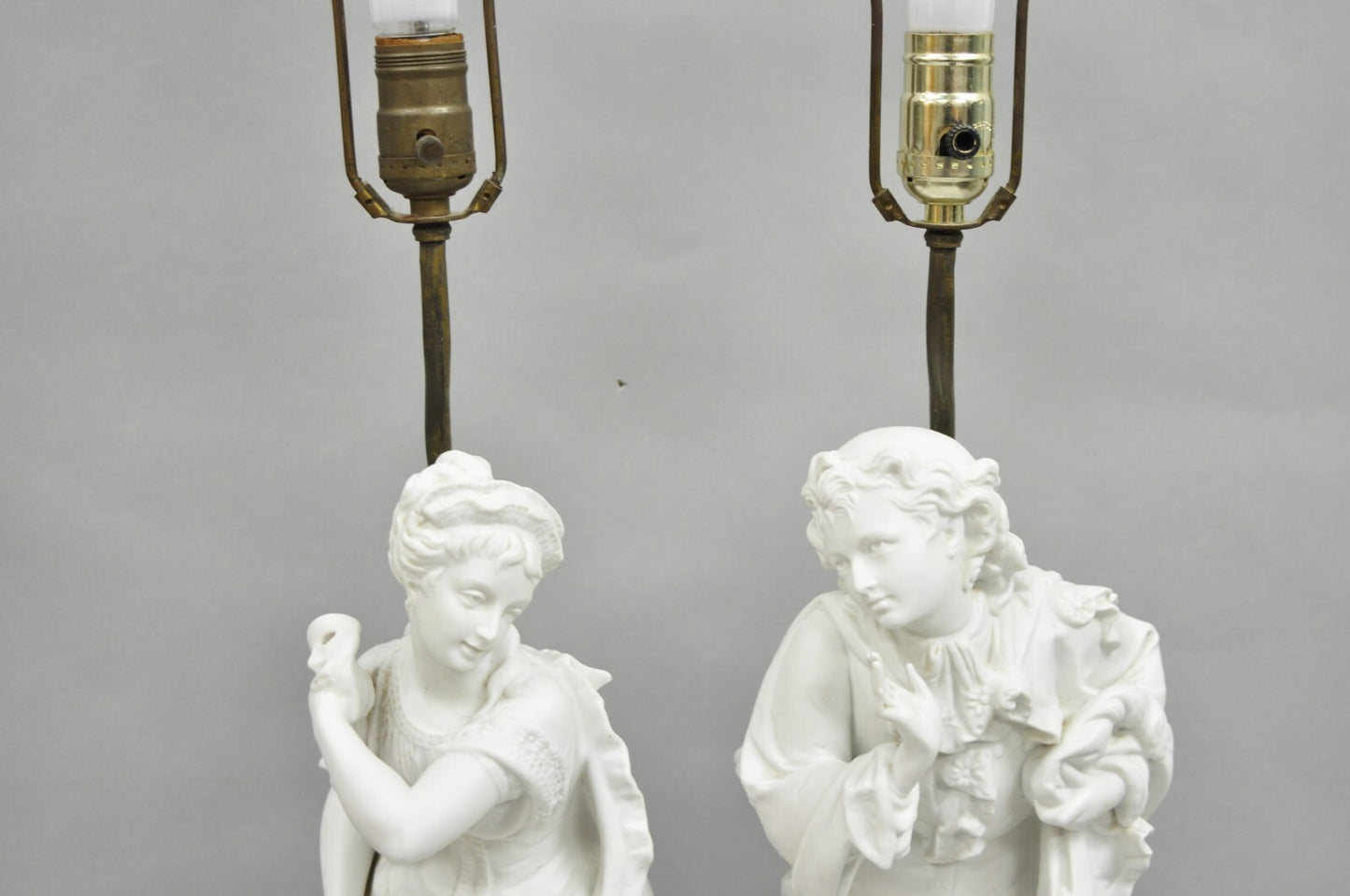 Victorian White Parian Porcelain Figural Bisque Man and Woman Table Lamps, Pair